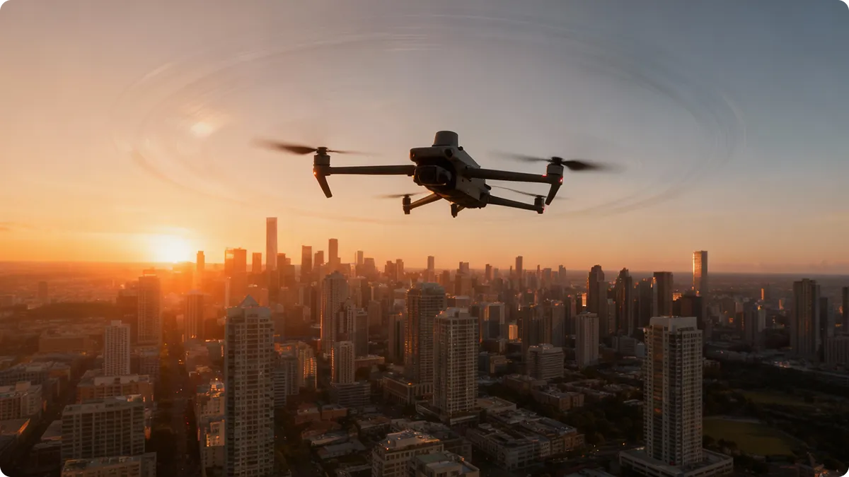 Drone hovering above a city skyline at sunset.