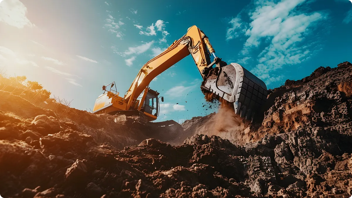 Excavator digging into a mining site under a blue sky.